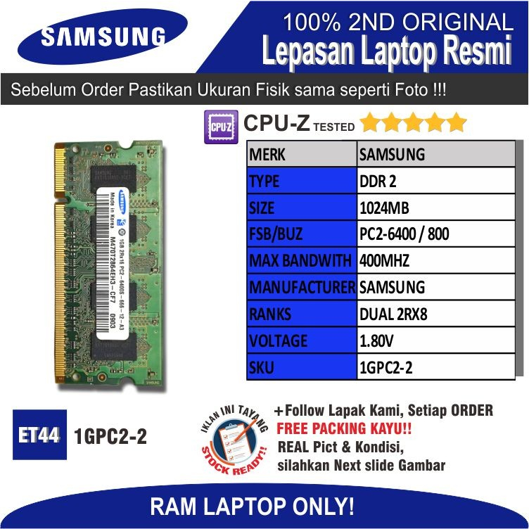 ET44 1GPC2-2 RAM MEMORY Laptop SAMSUNG PC2-6400 1024MB DUAL 2RX8