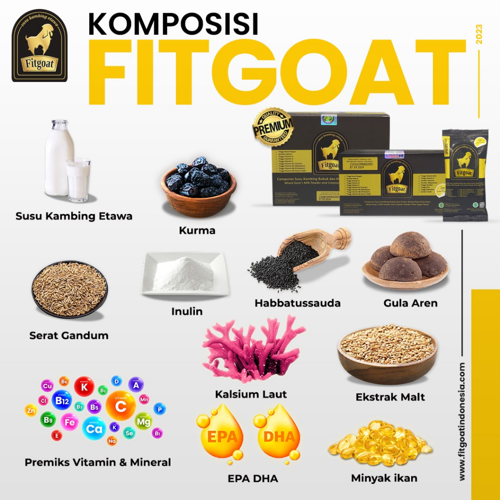 

Susu Kambing Etawa Fitgoat mengandung bahan herbal alami dan vitamin A,B12 dan C yang baik untuk pencernaan