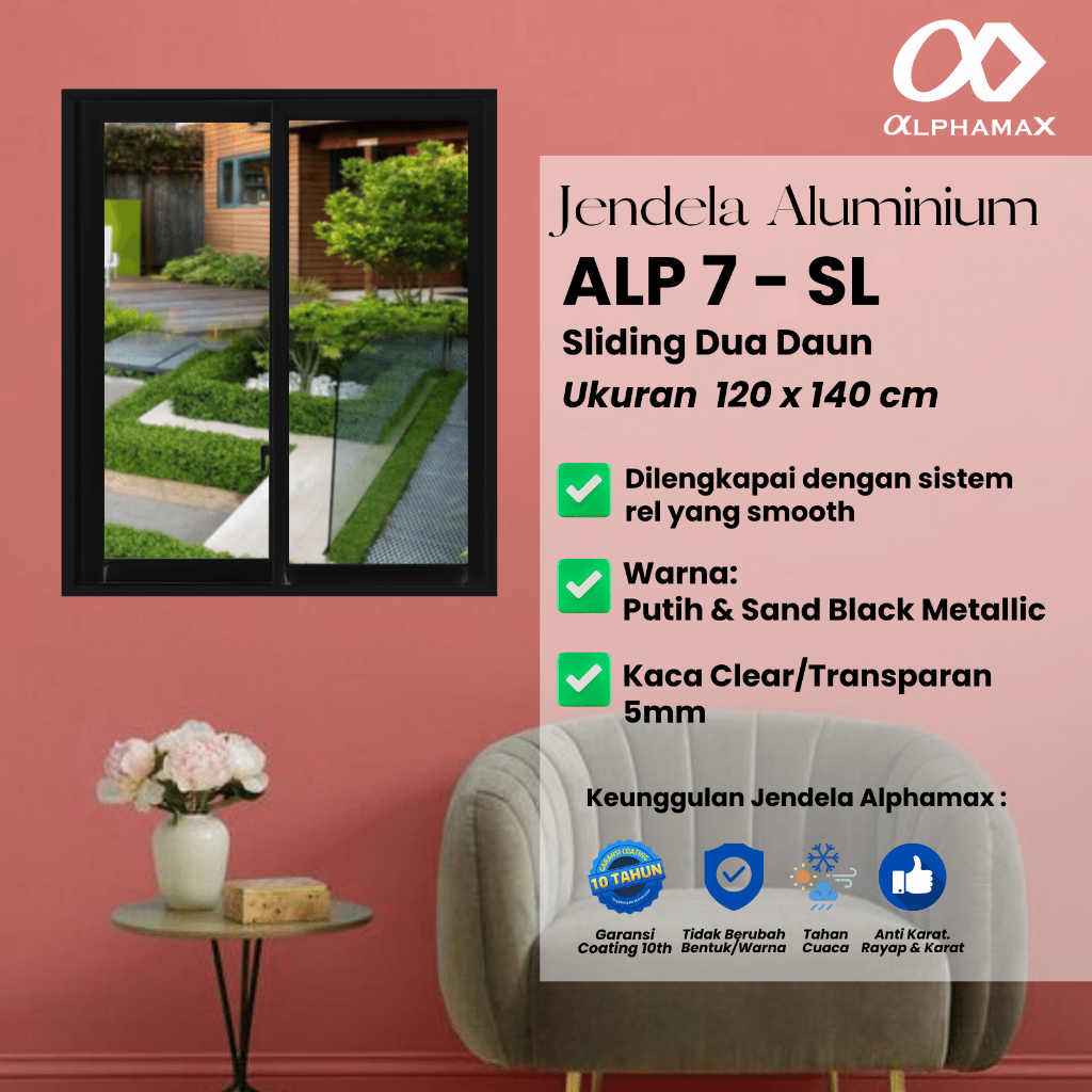 ALPHAMAX ALP 7 - SL Jendela Rumah Jendela Kamar Jendela Ruang Tamu Jendela Aluminium Sliding Dua Dau