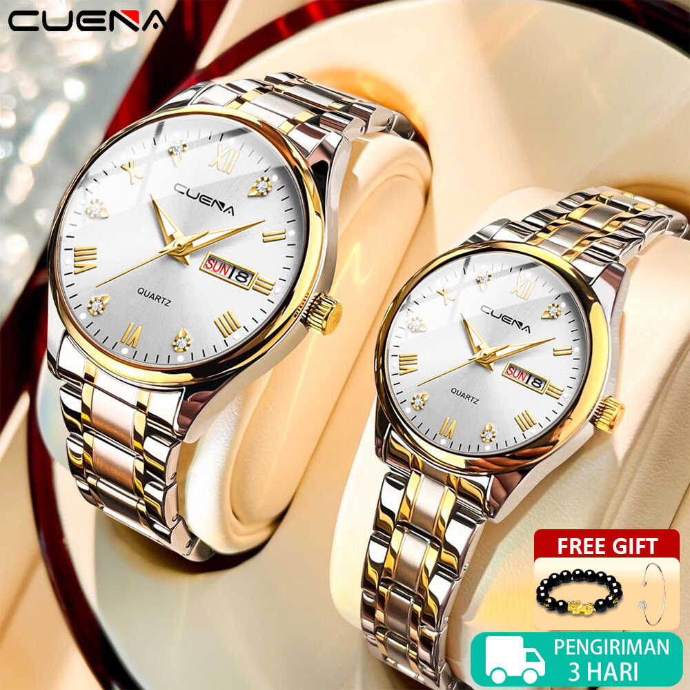 CUENA Jam Tangan Couple Pasangan Anti Air Original Kalender Bercahaya Stainless Steel Analog Jam unt