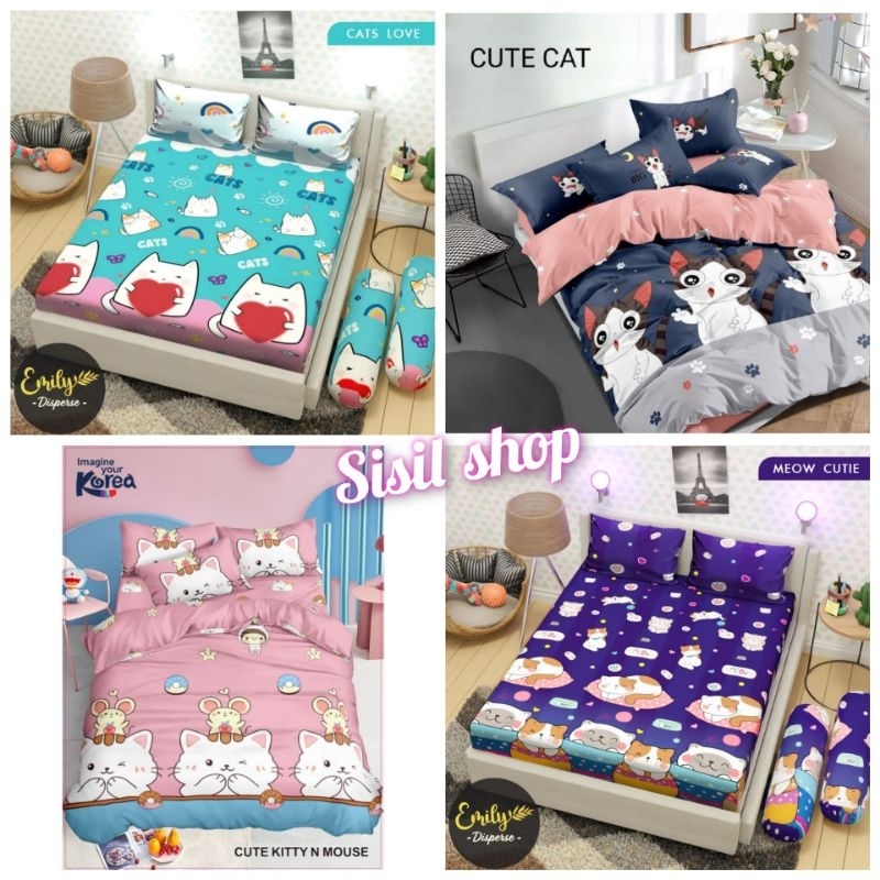Sprei Set Motif Karakter Kucing / Seprai Set Ukuran King 180x200 dan Single Bed 120x200
