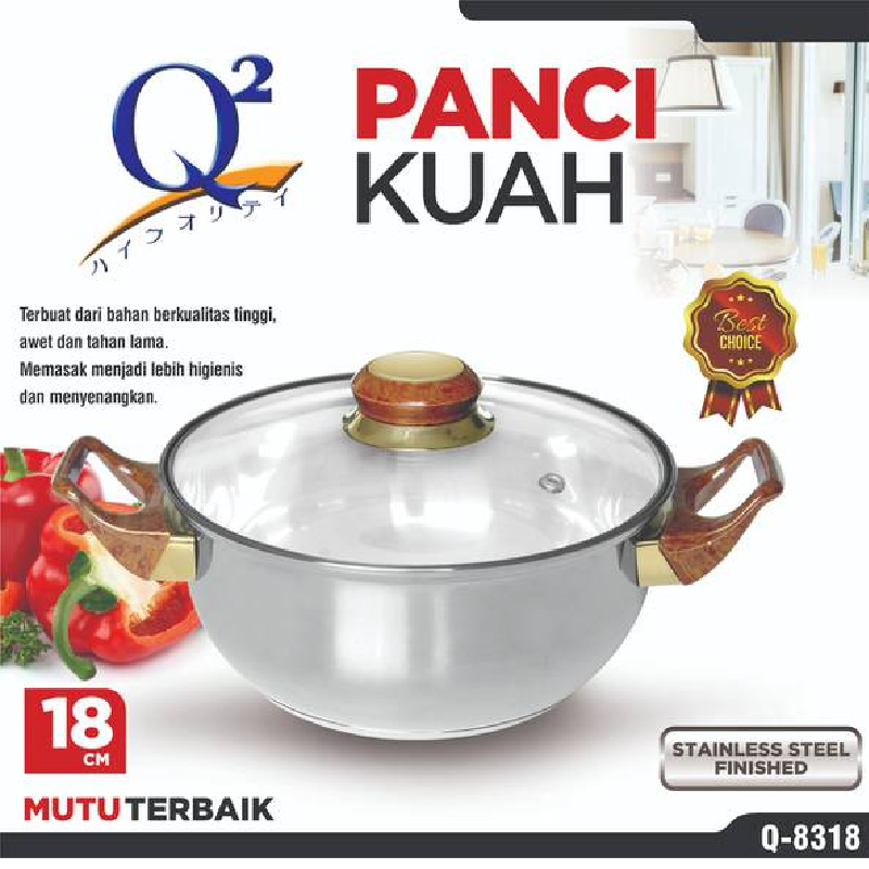 Panci Kuah Tutup Kaca Stainless Steel Q2-8318 Panci Kuah Serbaguna