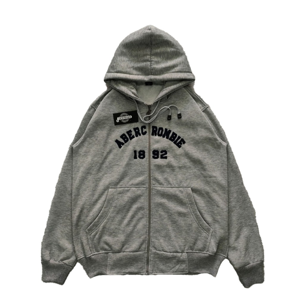 Jaket Sweater Hoodie Zipper Grey Abercrombie 1892 Logo Bordir Original Quality Casual Full Tag & Lab