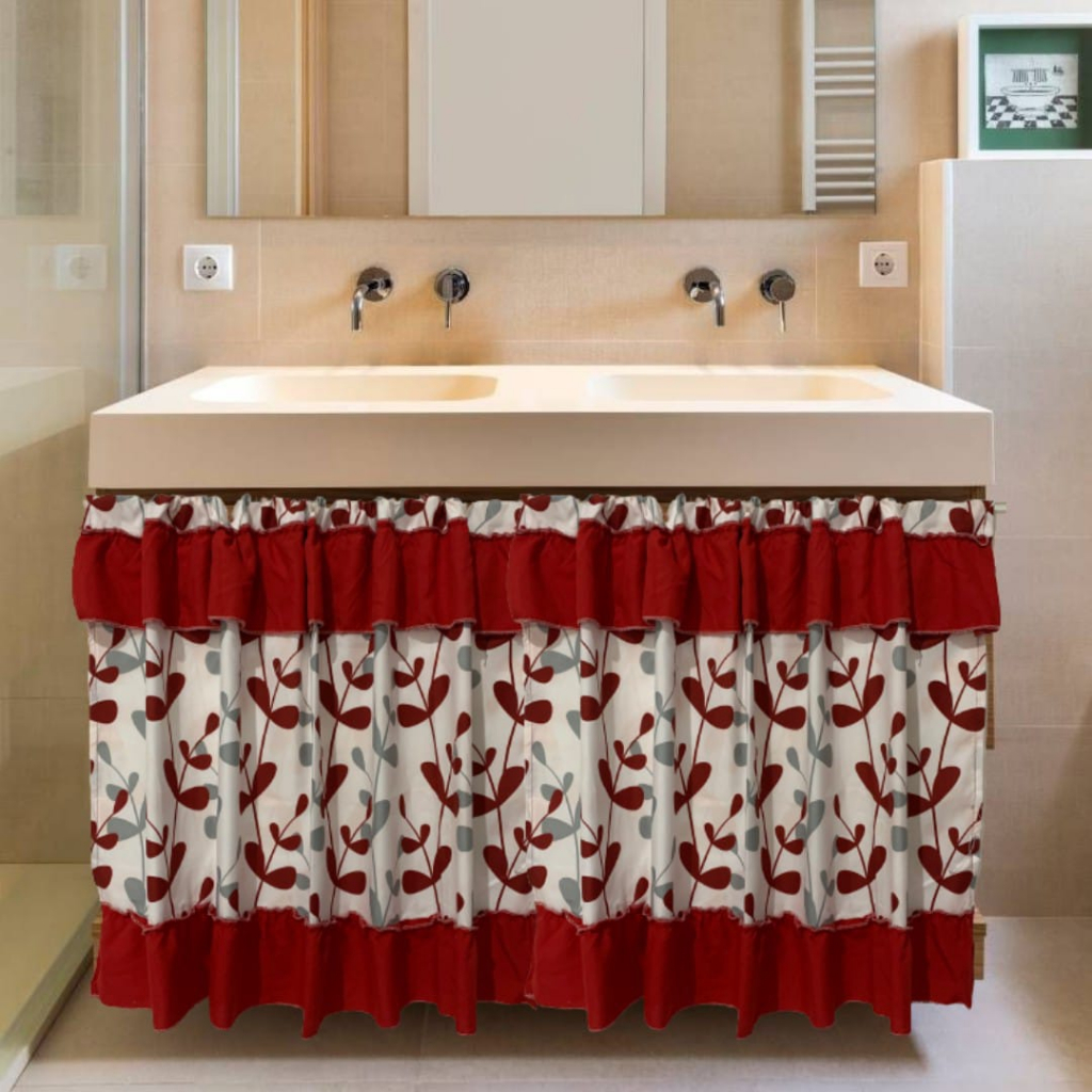 Gorden kolong dapur motif daun merah | Gorden minimali | Bisa custom size