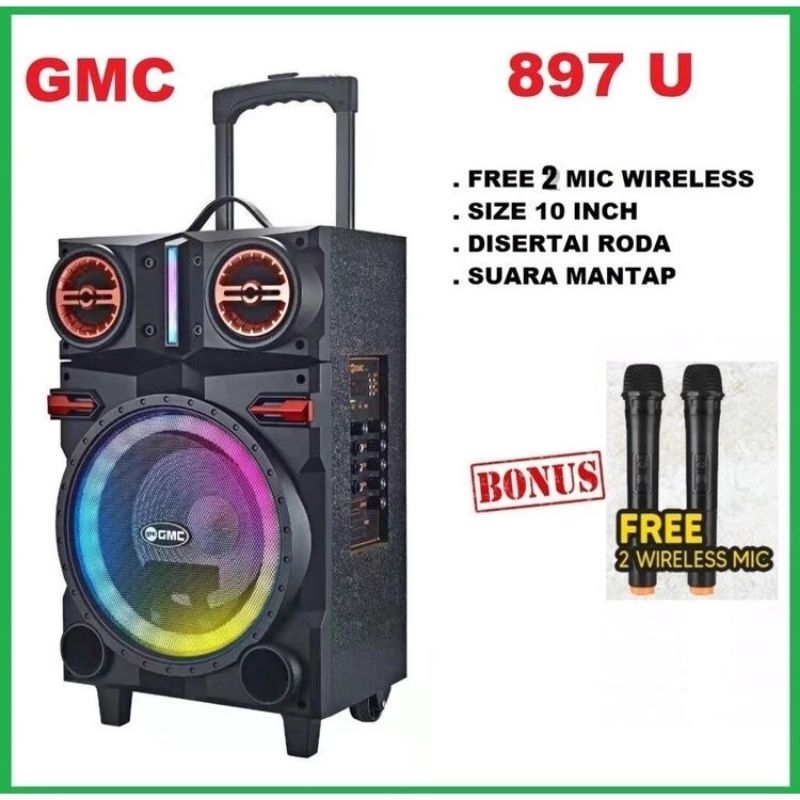 Speaker Portable Bluetooth GMC 897U 10inch Support Gitar + 2 Mic Wireless