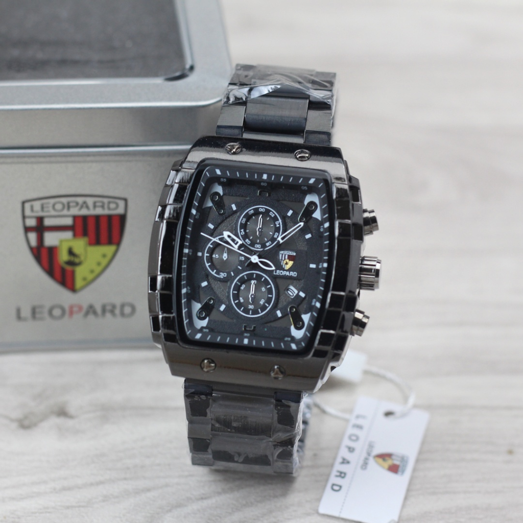 Jam tangan Pria Leopard 8018M tali rantai tanggal aktif chrono off original