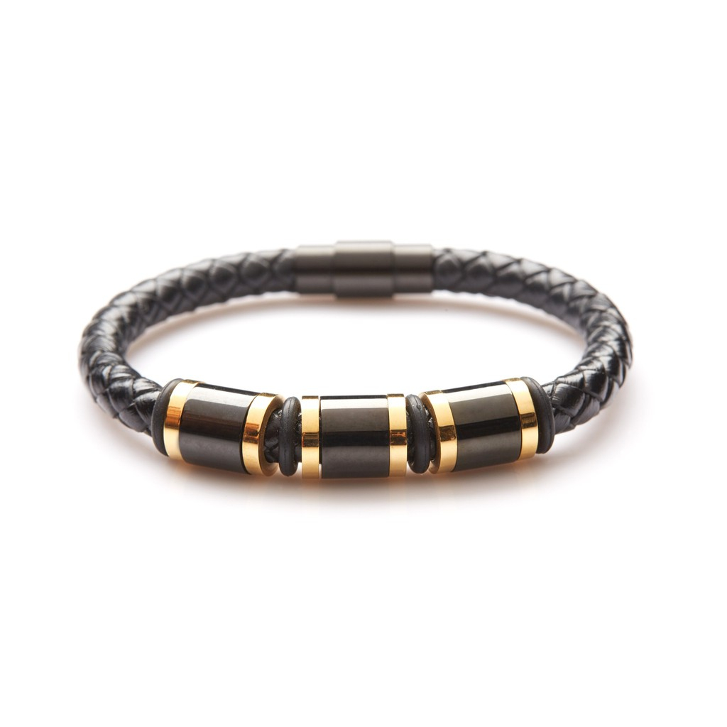 Gelang Pria Premium Asli Triplet Lapisan Emas Kulit Asli / J. By Jee Triplet Black Gold Steel with B