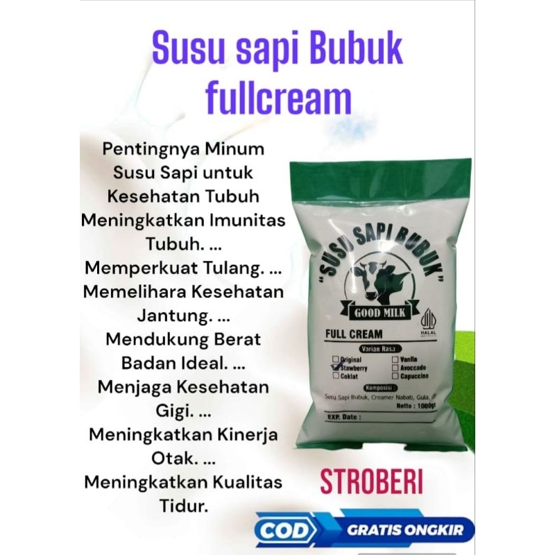 Susu bubuk sapi full cream penggemuk badan rasa strawbeery netto 1kg