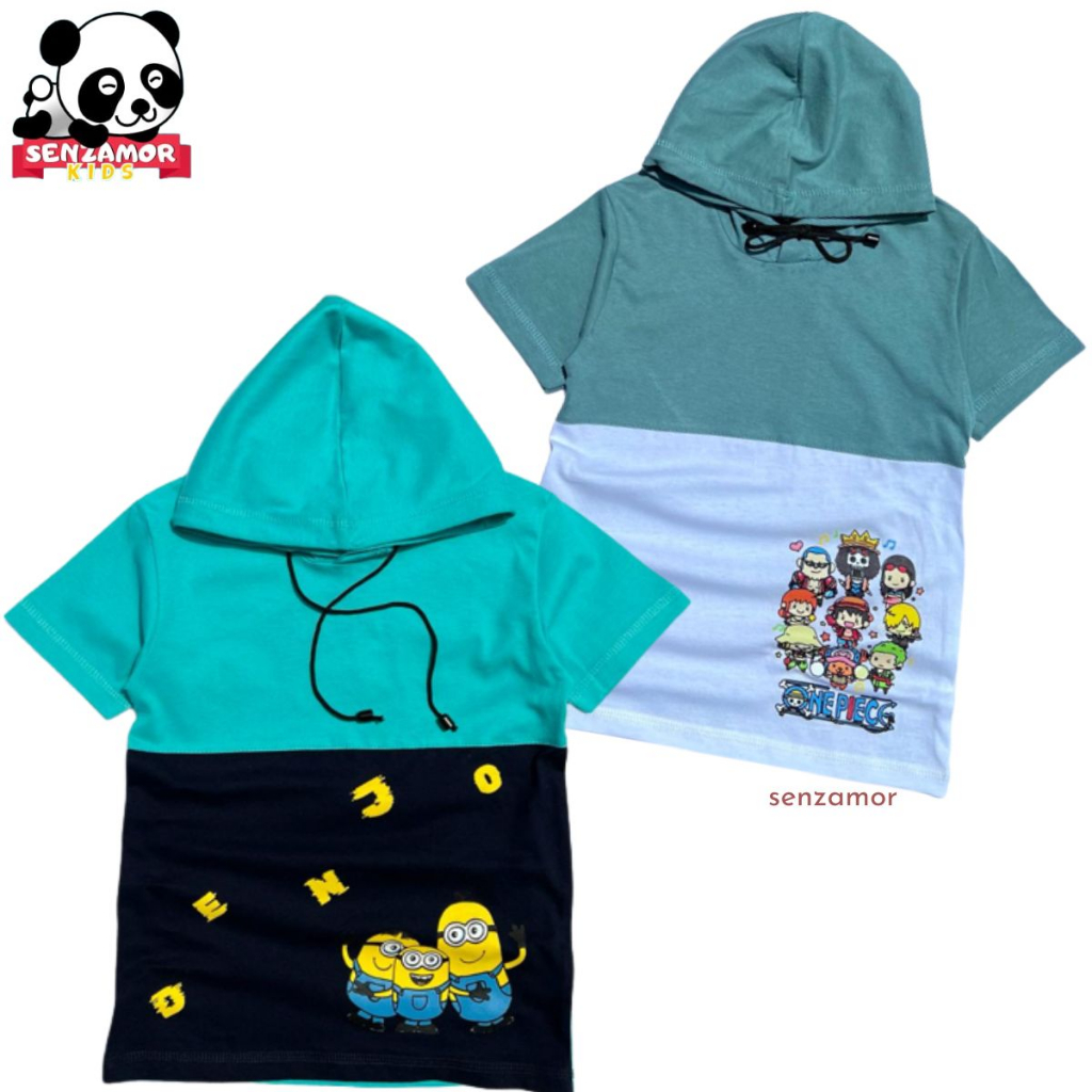 Denjo-Kaos Hoodie Karakter Lengan Pendek Anak Usia 1-12 Thn Cotton Combet 30S