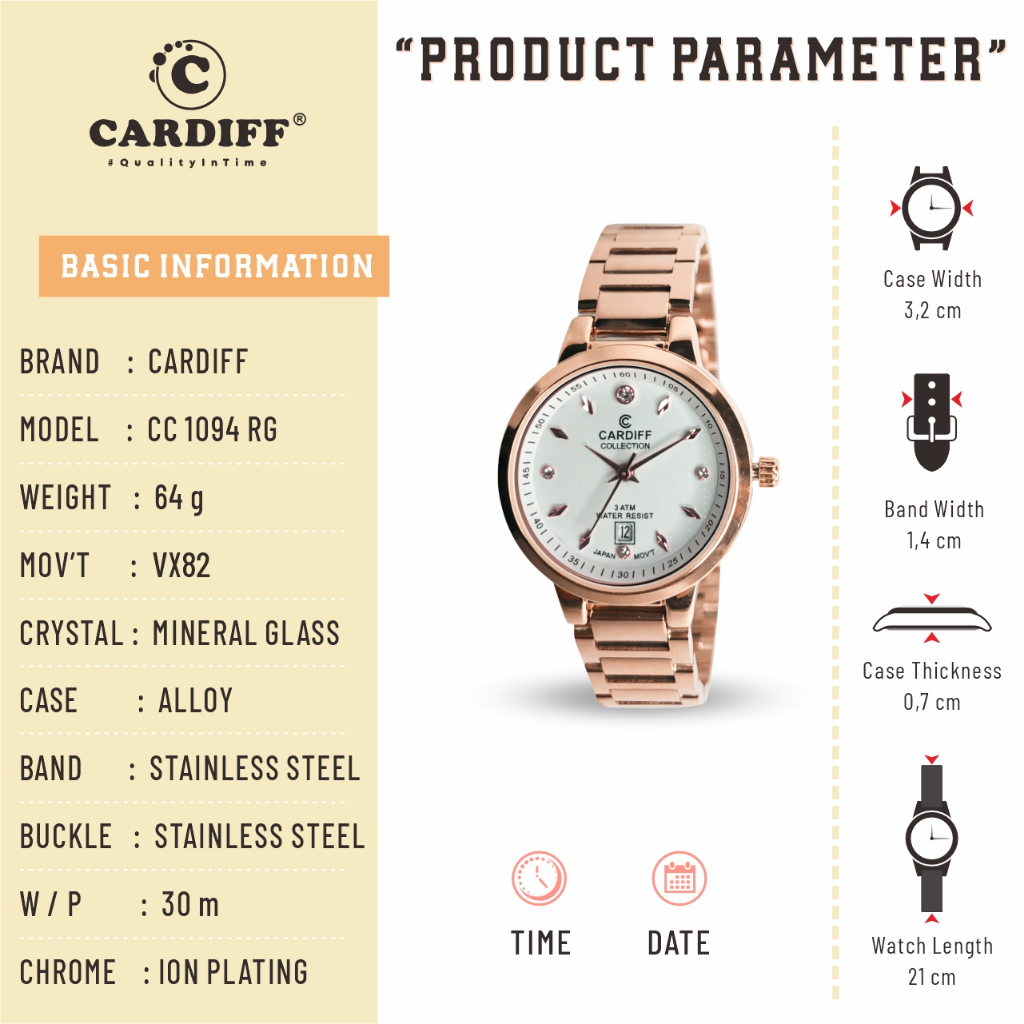 CARDIFF COLLECTION 1094 VX (Tanggal) Jam Tangan Kasual Rantai Wanita Water Resist