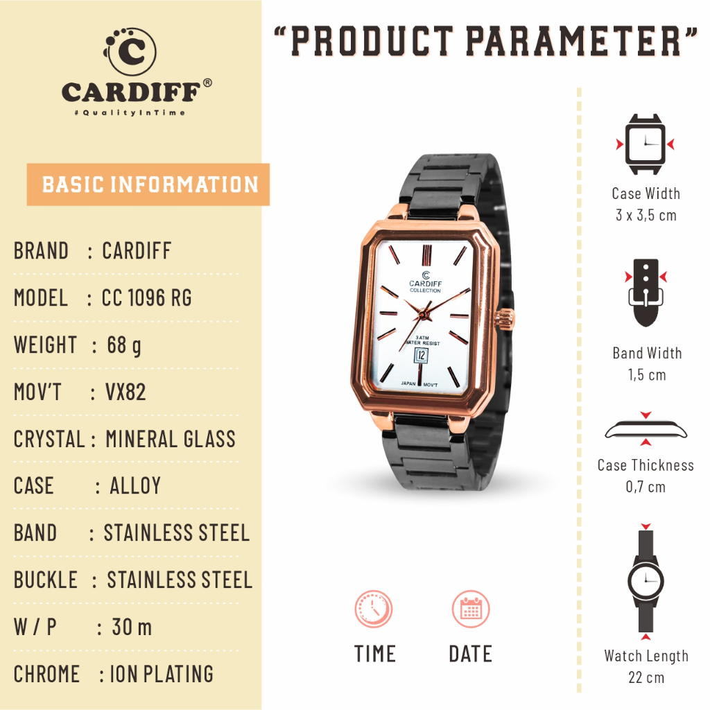 CARDIFF COLLECTION 1096 VX (Tanggal) Jam Tangan Kasual Rantai Wanita Water Resist