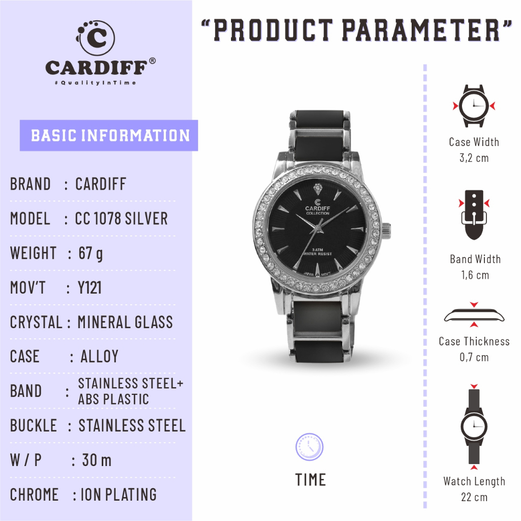 CARDIFF COLLECTION 1078 Al Series Jam Tangan Wanita Kasual Rantai Water Resist