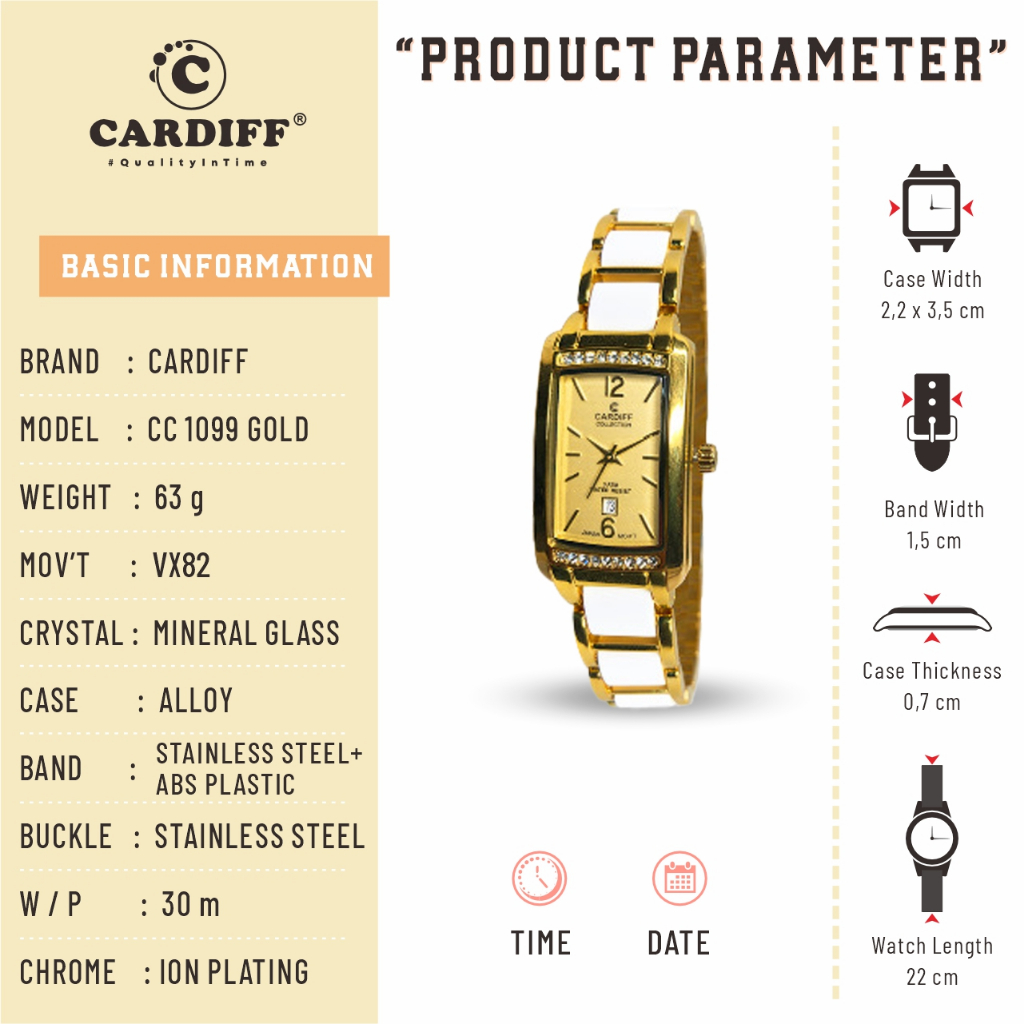 CARDIFF COLLECTION 1099 VX (Tanggal) Jam Tangan Kasual Rantai Wanita Water Resist