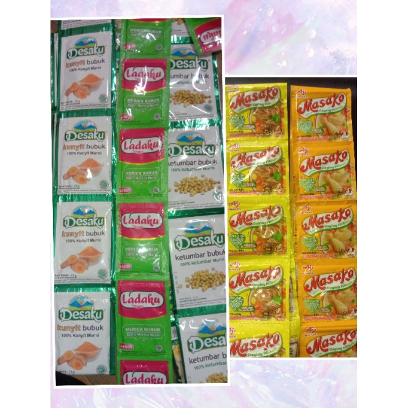 

Paket bumbu rempah (@6 sachet) + 1 Renceng Masako (ayam/sapi)