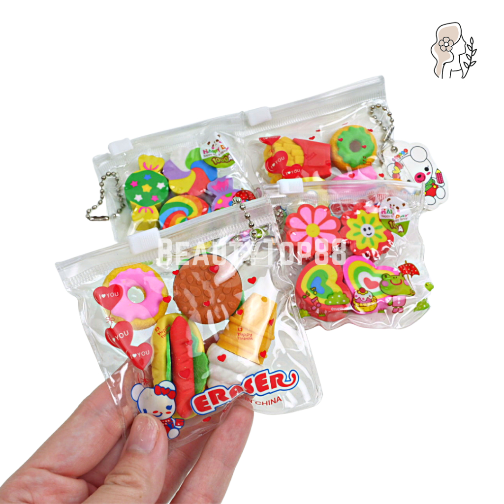 

Penghapus Tas Mini Bentuk Makanan / Stip Fancy isi 4 pcs / Food Eraser dengan Zip Pouch [PER SET]