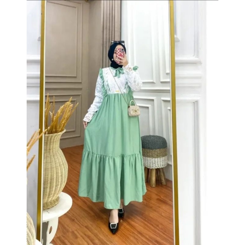 GAMIS Lebaran Brokat Cringkel AirFlow Brukat Yulia Dres Crinkle Renda Premium Busui Resleting Hidup 
