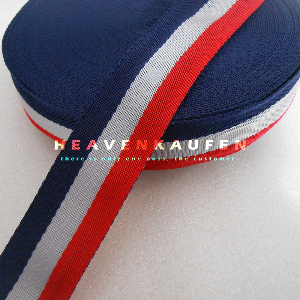 Tali Webbing Tas Motif Bally Strip 3 Warna Merah-Silver-Navy 3,8 cm Meteran