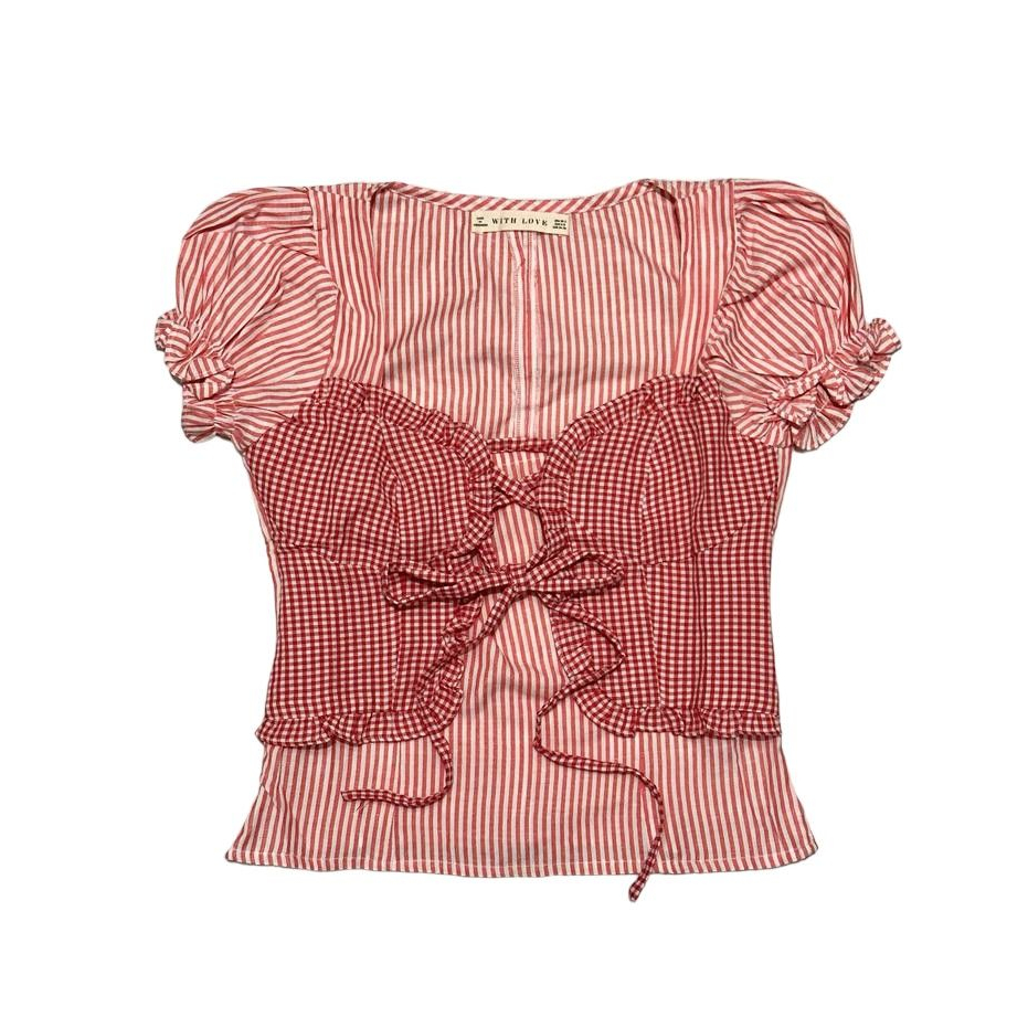 With Love Darlington Top | Chekered Tie Lace Up Ribbon Milkmaid Top | Red Maroon Double Layered Two 