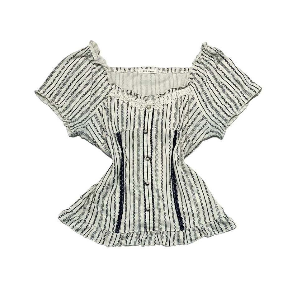 Axes Femme Milkmaid Buttoned Up Top | Cottagecore Luxury White Blue Denim Pinstripe Ruffle Puff Top 