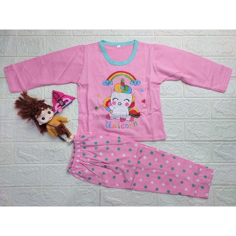 SETELAN PIYAMA ANAK PEREMPUAN BORDIR GAMBAR UNICORN LUCU