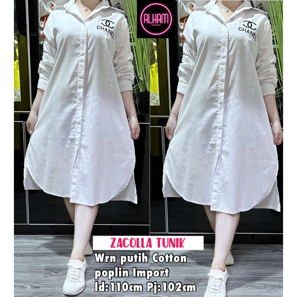 Zacolla Long Tunik Alham Bordir Chanel Atasan Wanita Putih Ld 110 Harian Cewe Dewasa Kuliah Kerja