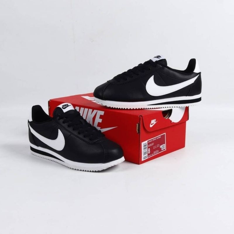 Sepatu Sneaker Original Pria Wanita Hitam Putih Nike Cortez Classics Leather Black White