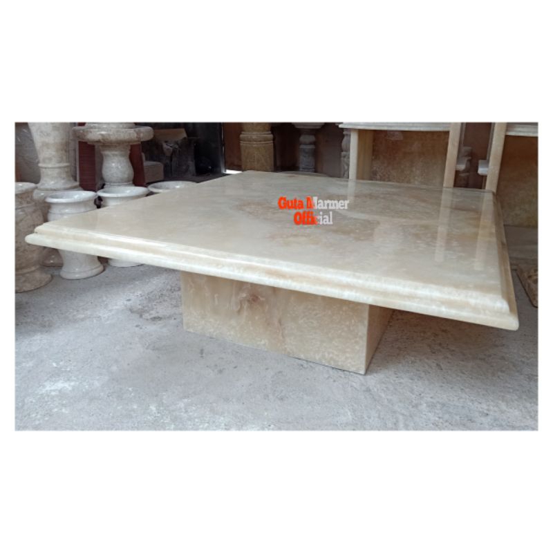 Meja Lesehan Kotak Minimalis Batu Onix Motif Glosy Mengkilat Ukuran 100x100x30Cm