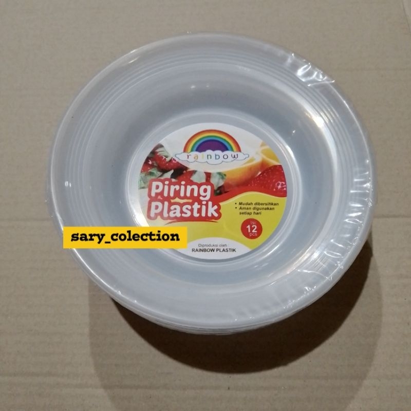 1 Lusin Piring Plastik Warna Putih Transparant Rainbow Plastik