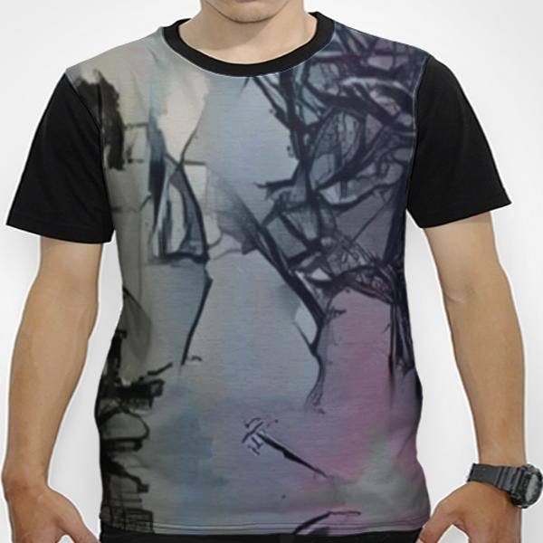 Kaos fullprint unisex katun pria wanita tema abstrak lukisan hitam putih