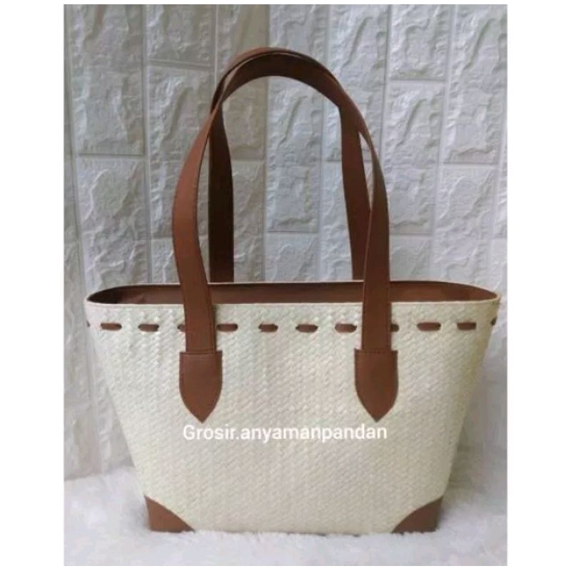 Tas pandan kepang sulam strip/tas etnik/tas mendong/tas anyaman