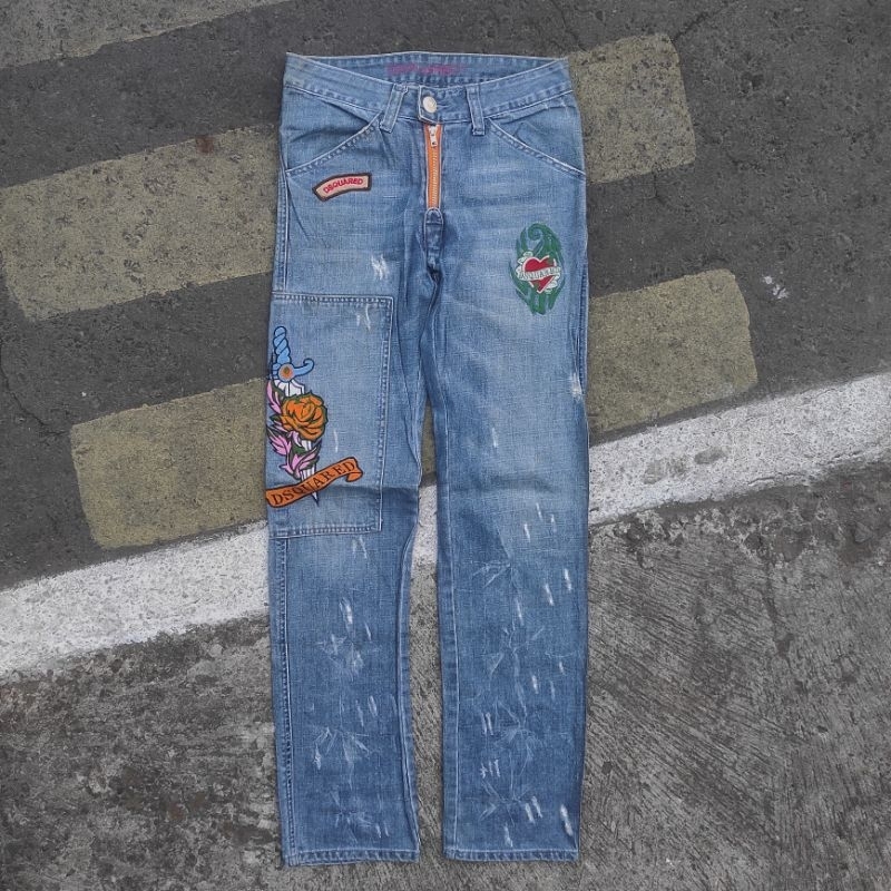 CELANA DSQUARED DENIM JEANS BIRU BLUE RIPPED SLIM REGULER FIT CARPENTER CELL POCKET NON SELVEDGE