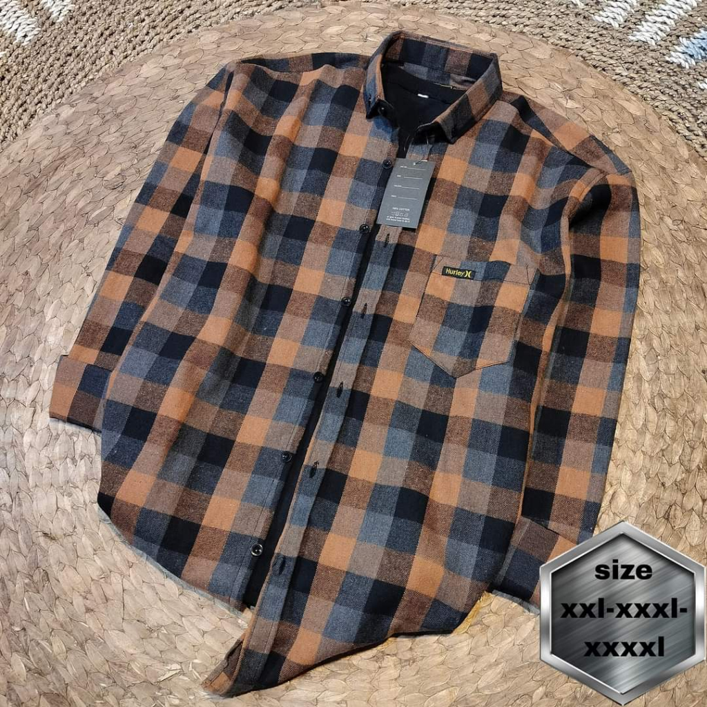 kemeja flanel jumbo lengan panjang pria dan wanita motif kotak-kotak warna coklat ukuran XXL-XXXL-XX