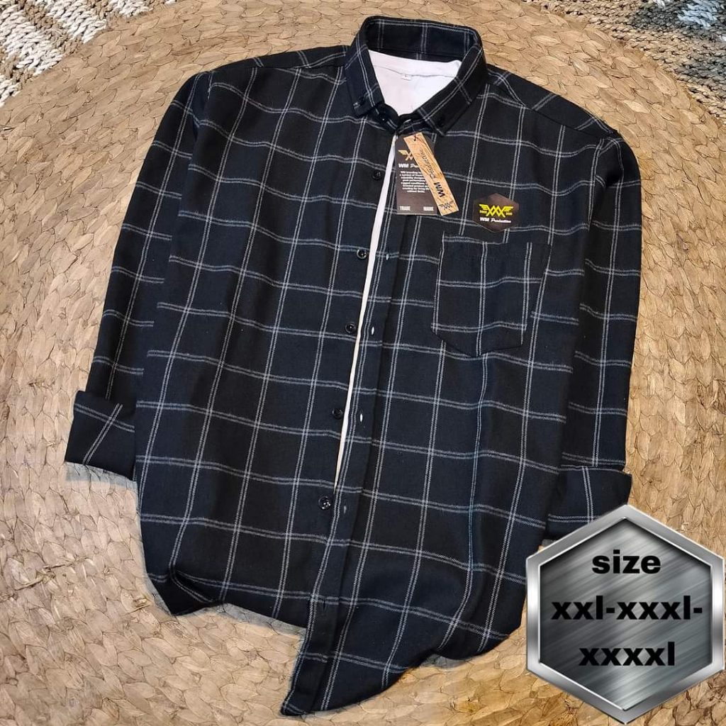 kemeja flanel jumbo lengan panjang pria dan wanita warna hitam merah XXL-XXXL-XXXXL