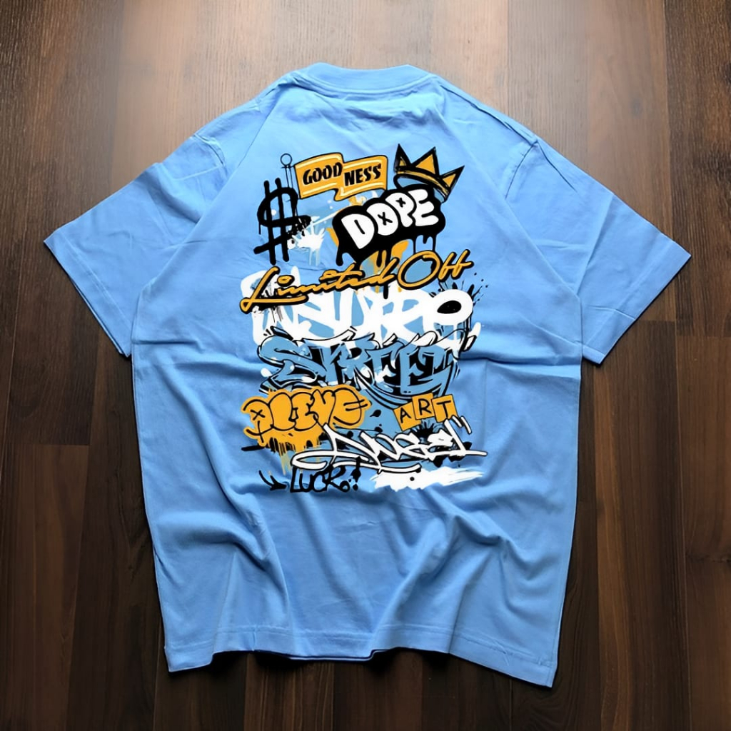 Kaos Streetwear Distro / Street Style / Kaos Distro Unisex / Grafitti / Kaos Pria / Biru Langit /Baj