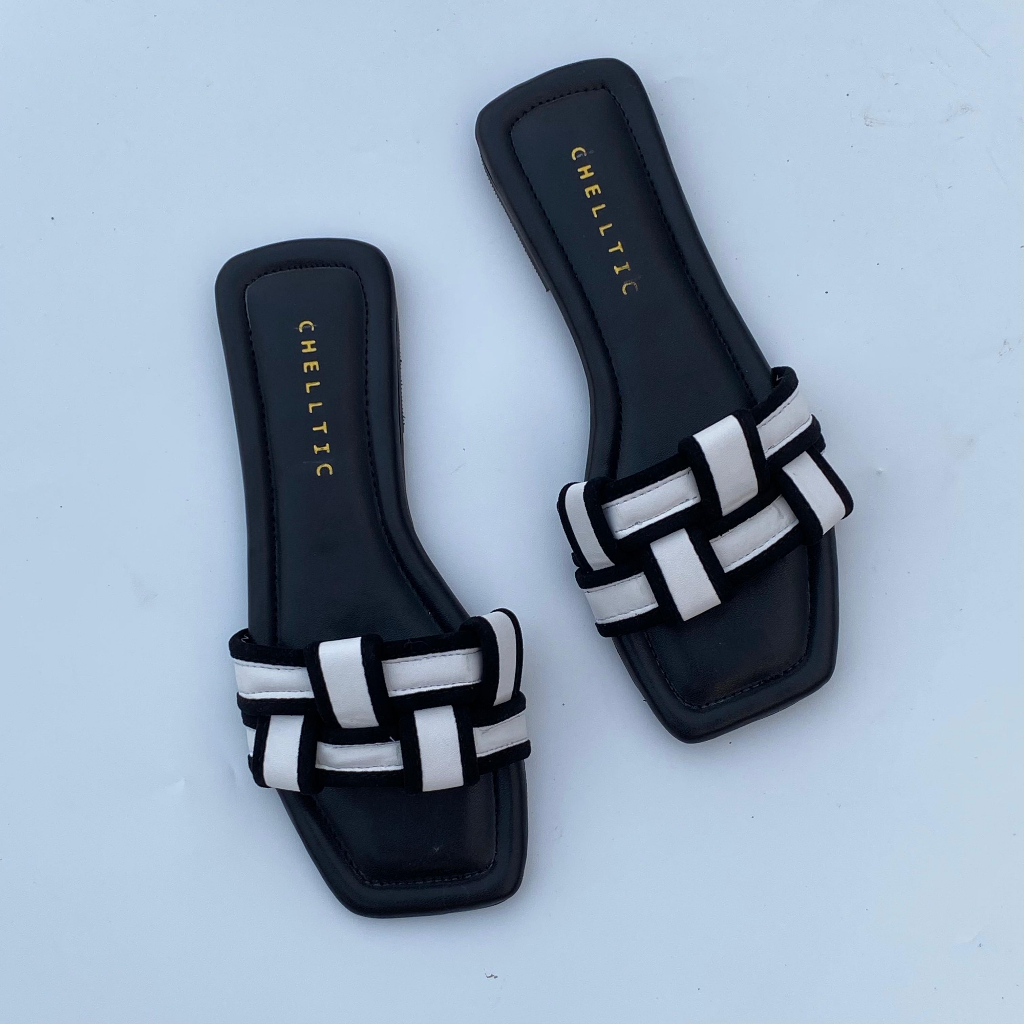 GALAXY Sandal Selop Flat Teplek Wanita Terbaru|Sendal Rumah Casual|Selop Slip On Cewek Motif Anyam  Trendy Nyaman Modis Dan Elegan-Hitam