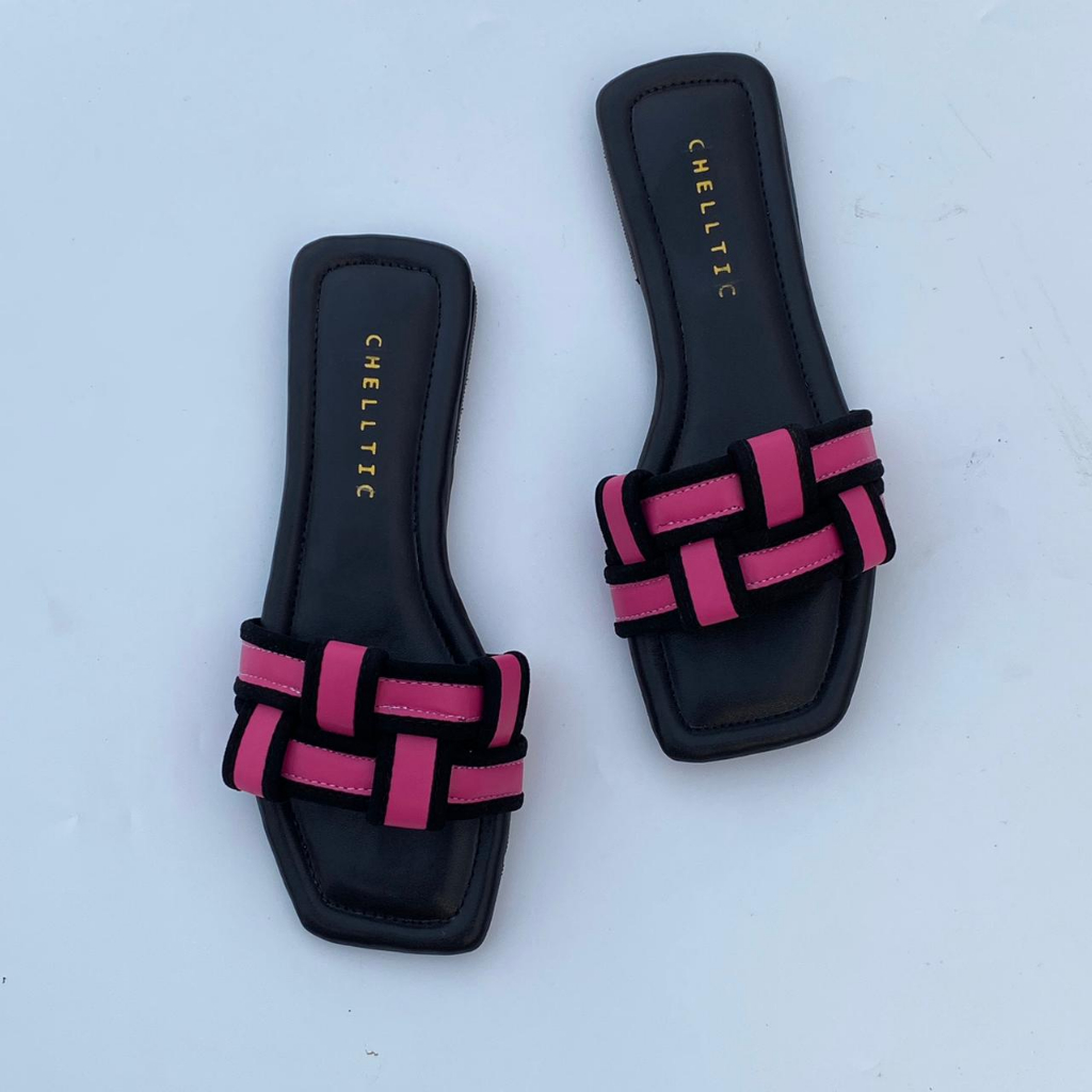 GALAXY Sandal Selop Flat Teplek Wanita Terbaru|Sendal Rumah Casual|Selop Slip On Cewek Motif Anyam  Trendy Nyaman Modis Dan Elegan-Fuschia