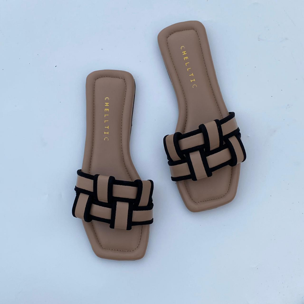 GALAXY Sandal Selop Flat Teplek Wanita Terbaru|Sendal Rumah Casual|Selop Slip On Cewek Motif Anyam  Trendy Nyaman Modis Dan Elegan-Mocca
