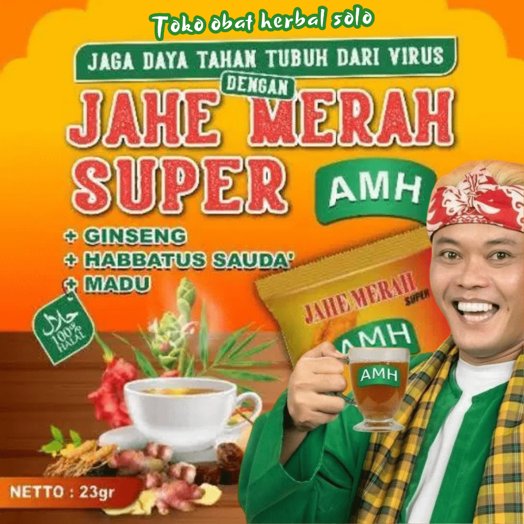 

Instan Jahe Merah Super Amanah AMH Sachet 20 gram, Habbatusauda, Ginseng dan Madu Untuk Stamina dan Imun Tubuh