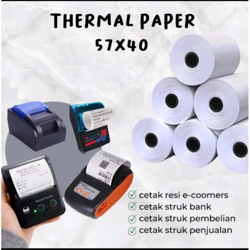 

Kertas thermal 58/57x40mm paket 10 Roll untuk mesin printer ukuran 58mm