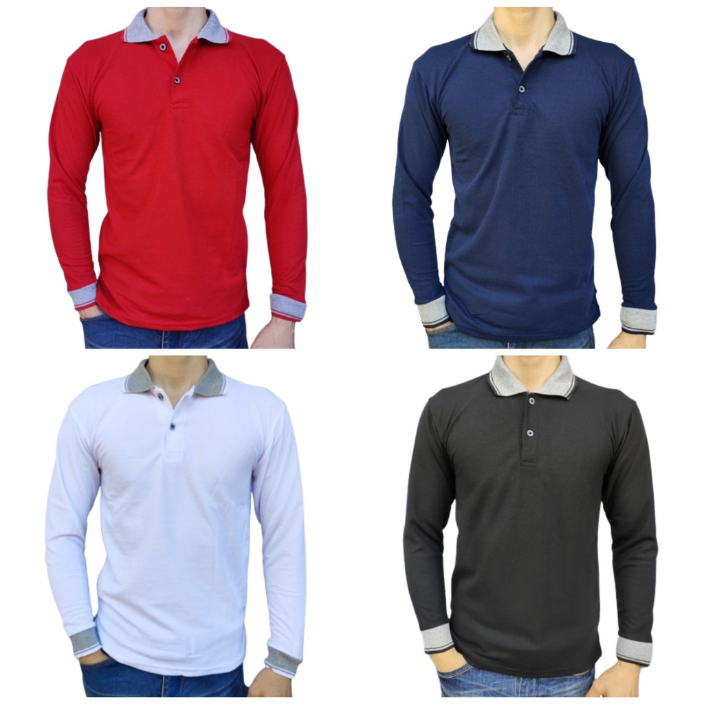 Kaos Kerah Polo Shirt Lengan Panjang Krah Polos Dewasa M L XL Pria Wanita Hitam Merah Putih