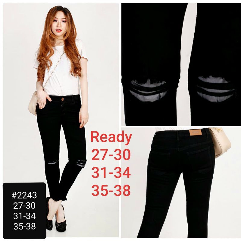 CELANA JEANS WANITA 7/9 HITAM SOBEK LUTUT 27-38