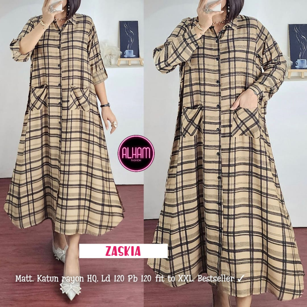 Zaskia Dress Alham Baju Gamis Wanita Garis Kotak Big Size Ld 120 Jumbo Terbaru Kekinian