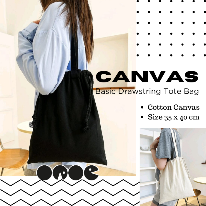 OAOE BDT Women Simple Basic Style Canvas Drawstring Tote Bag Tas Serut Kanvas Wanita Cewek Perempuan