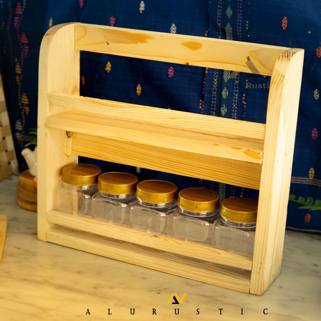 new tempat bumbu kayu 2 tingkat 10 toples / rak kayu 2 susun / rak gantung / tempat bumbu serbaguna