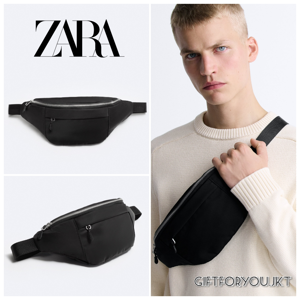 Tas Pinggang Pria Zara Man Nylon Belt Bag Original Crossbody Waist Monochrome Soft Belt Bag Cowok Hi