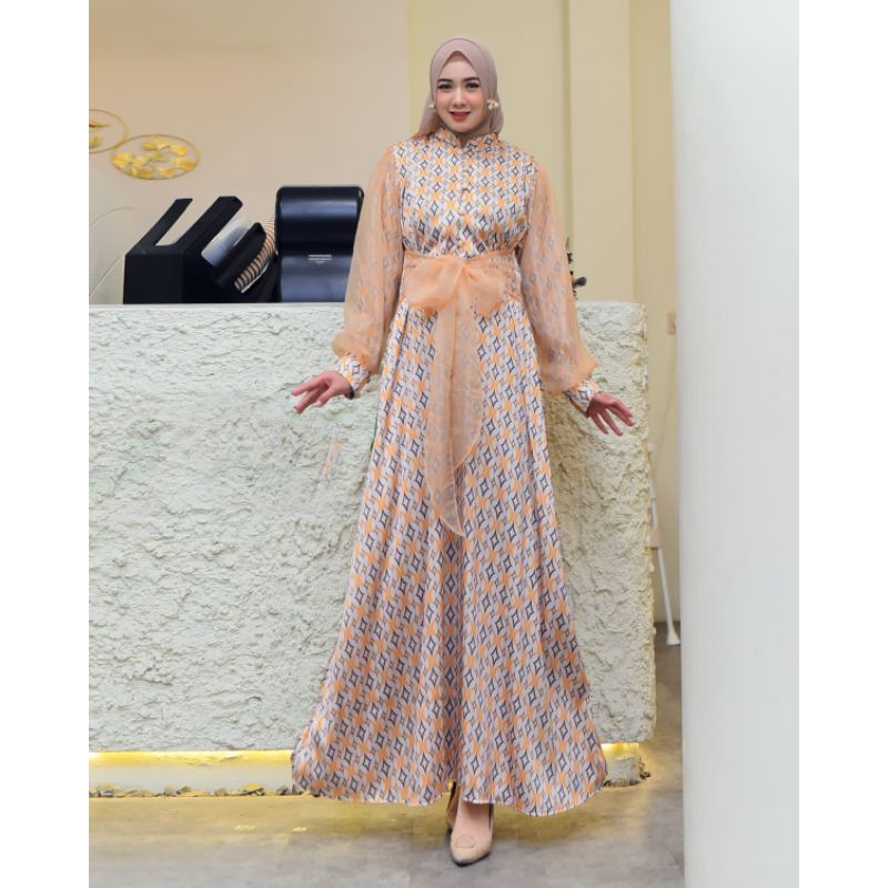gamis simmer printing kombinasi organza