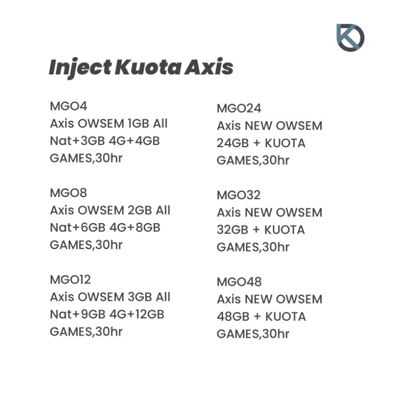 Inject kuota axis 4GB, 8GB, 12GB, 24GB, 32GB, 48GB aktif 30 hari (Jaringan 3G+4G)