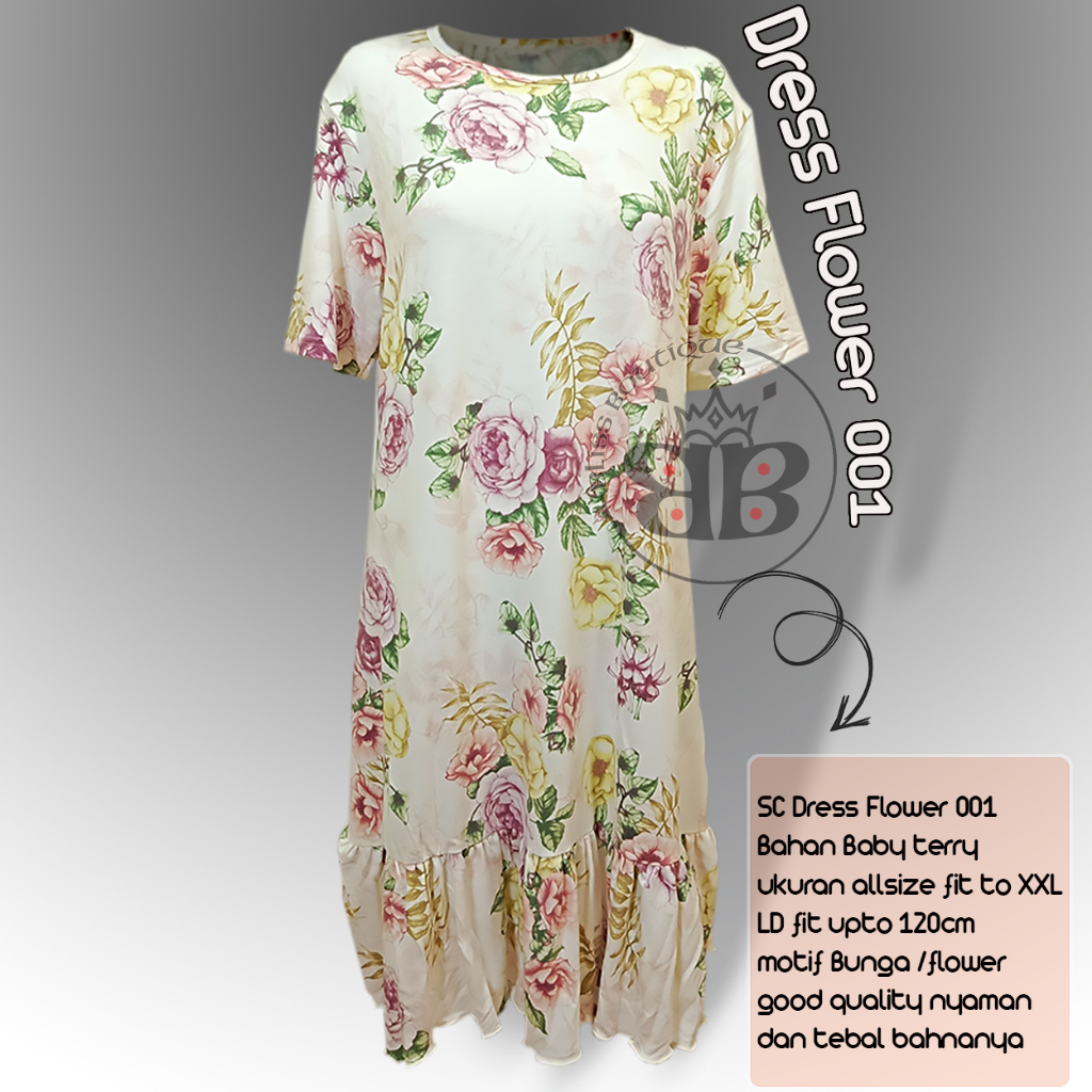 Dress Bunga Korea untuk Remaja: Dress Flower 001 - Putih. Bahan Babyteri, Ukuran Allsize hingga XXL 