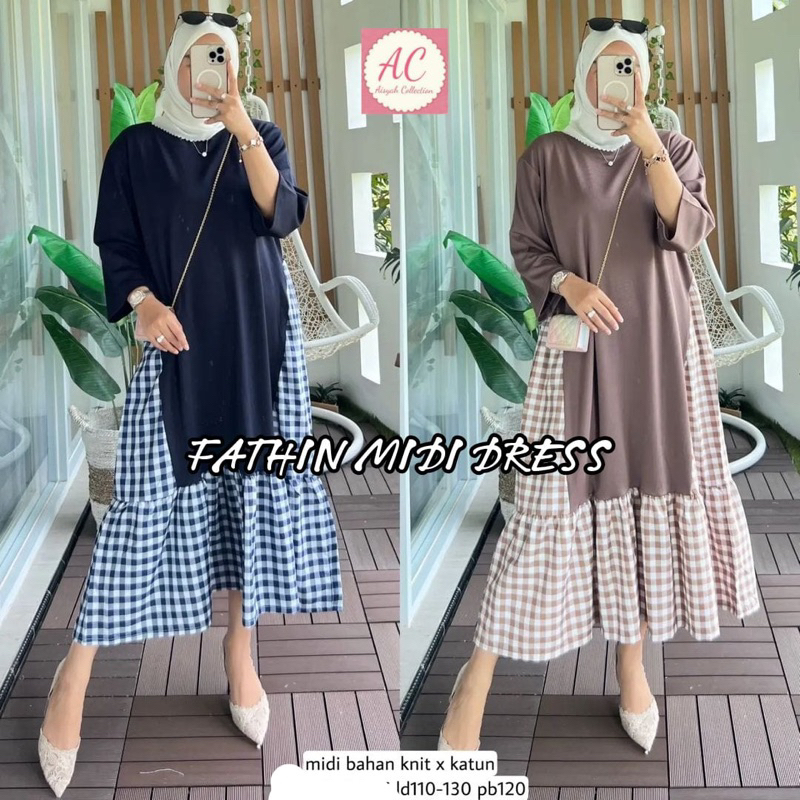 FATHIN MIDI DRESS #2 BAHAN KNIT IMPORT MIX KATUN RAYON MOTIF KOTAK BUNGA GARIS SALUR / MIDI DRESS JU