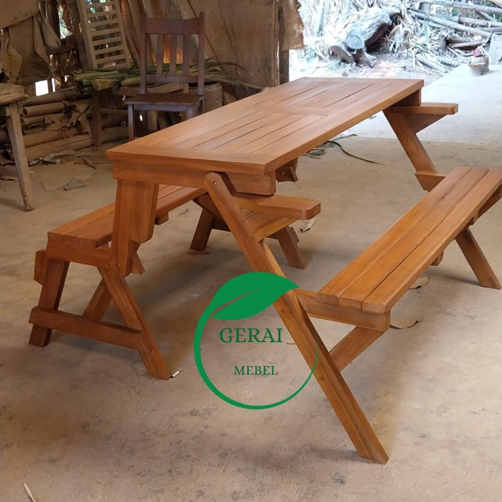 Meja Lipat Cafe Kayu Jati Untuk Dekorasi Kursi Taman Rooftop Outdoor